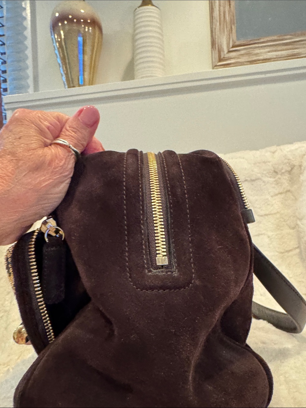 Jimmy Choo Brown Suede Satchel with Gold Stud Detailing - Picture 5 of 12